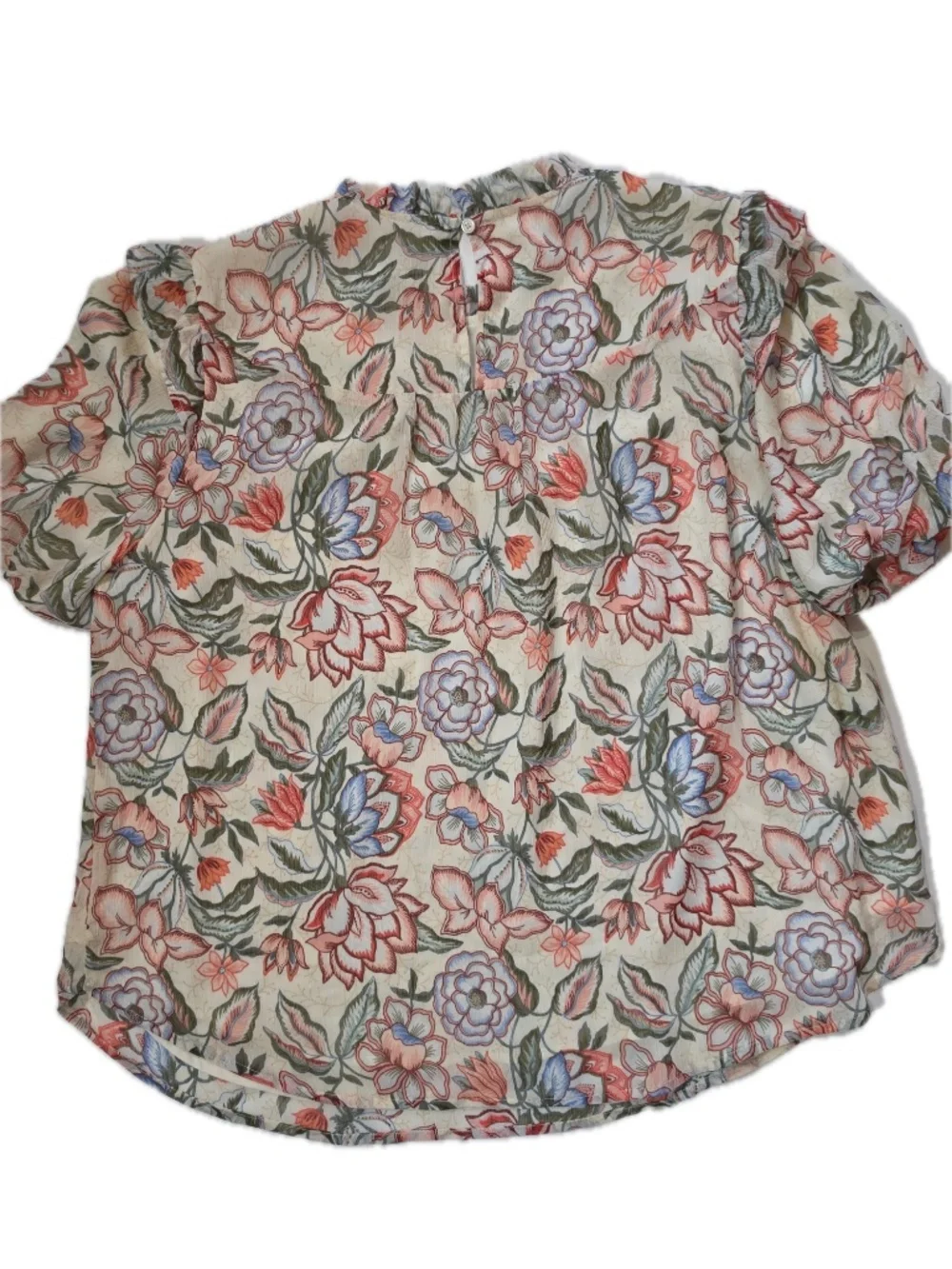 LOFT Blouse Womens XL White‎ Tunic High Neck Puff Sleeve Ruffle Button Chiffon